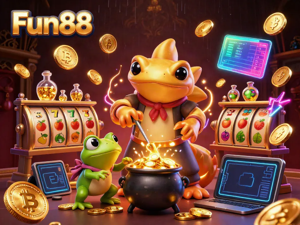 Fun88 illustrates a vibrant casino scene with characters transmuting gold coins amid glowing crypto elements.