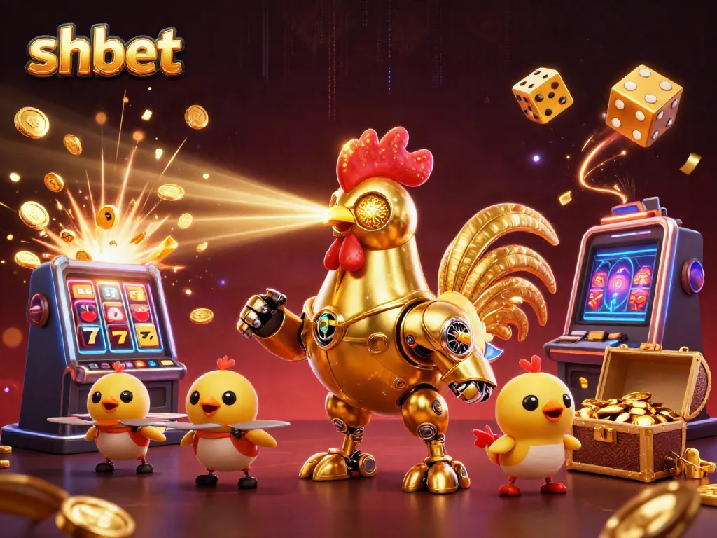 Engage with shbet's dynamic casino world featuring a golden rooster robot and exciting game elements.