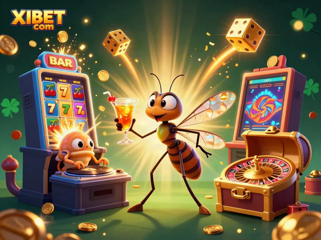 Experience thrilling wins with XIBET com in this vibrant casino scene featuring unique characters and games.