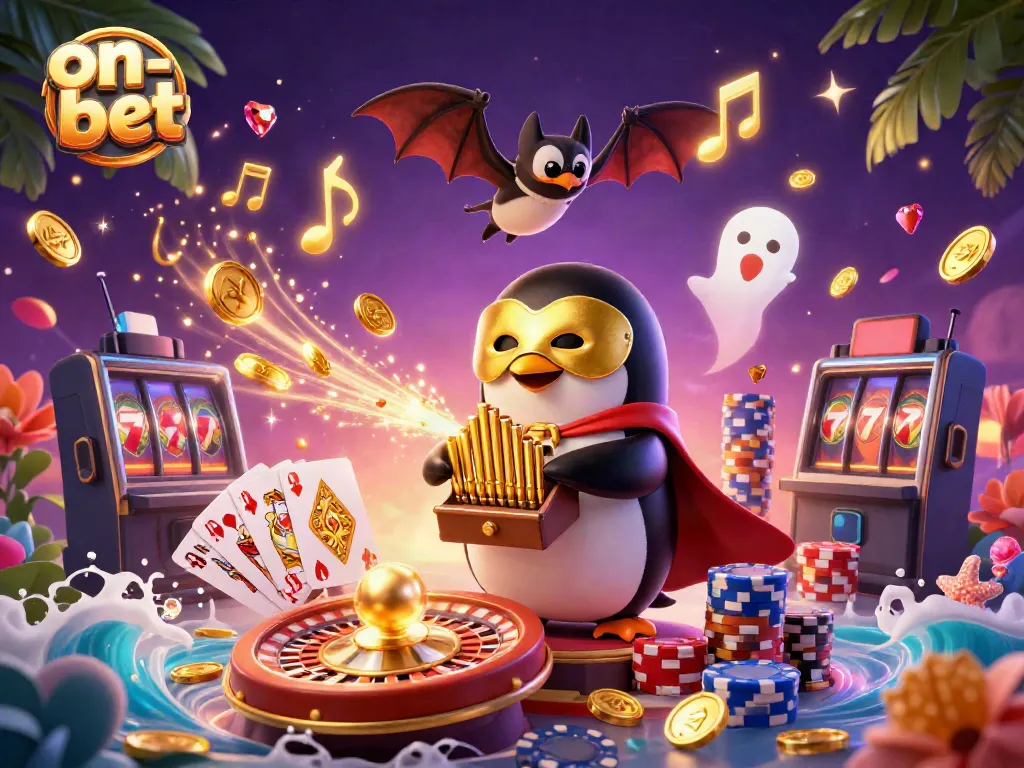 Experience thrilling gaming at on-bet with the phantom penguin playing organ amid cascading coins and gems.