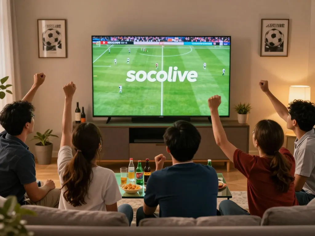 Socolive sports fans cheerfully watching live football match with drinks and snacks