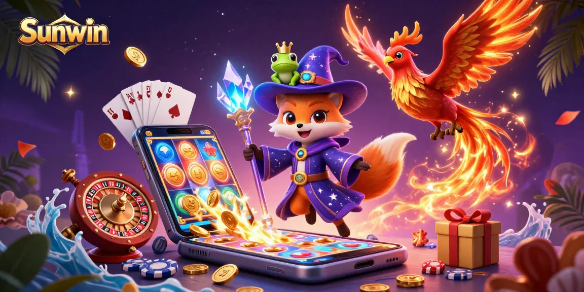 Experience the dynamic world of Sunwin with a magical 3D illustration showcasing vibrant casino games and characters.