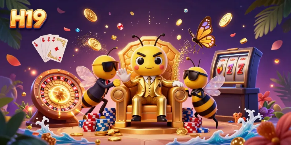 H19 online casino showcases its vibrant gaming environment with cascading coins and a charming bumblebee boss.