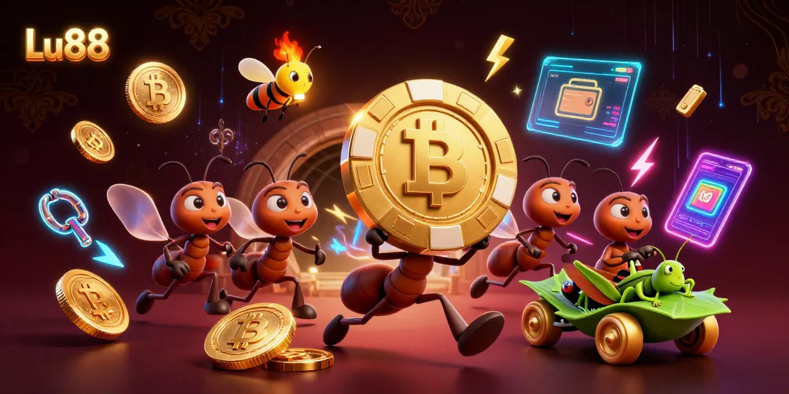 Join Lu88's thrilling heist with ants carrying a massive poker chip amid a digital casino landscape.