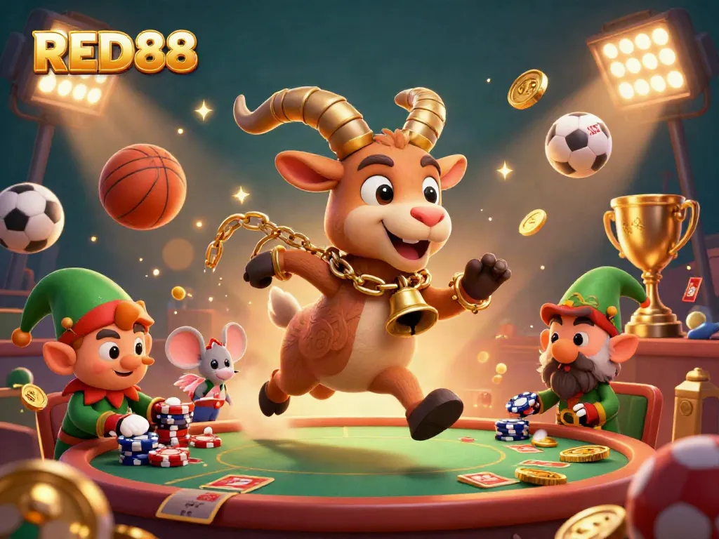 Experience the thrill of RED88 with cartoon characters and dynamic sports gambling elements depicted in a vivid casino scene.