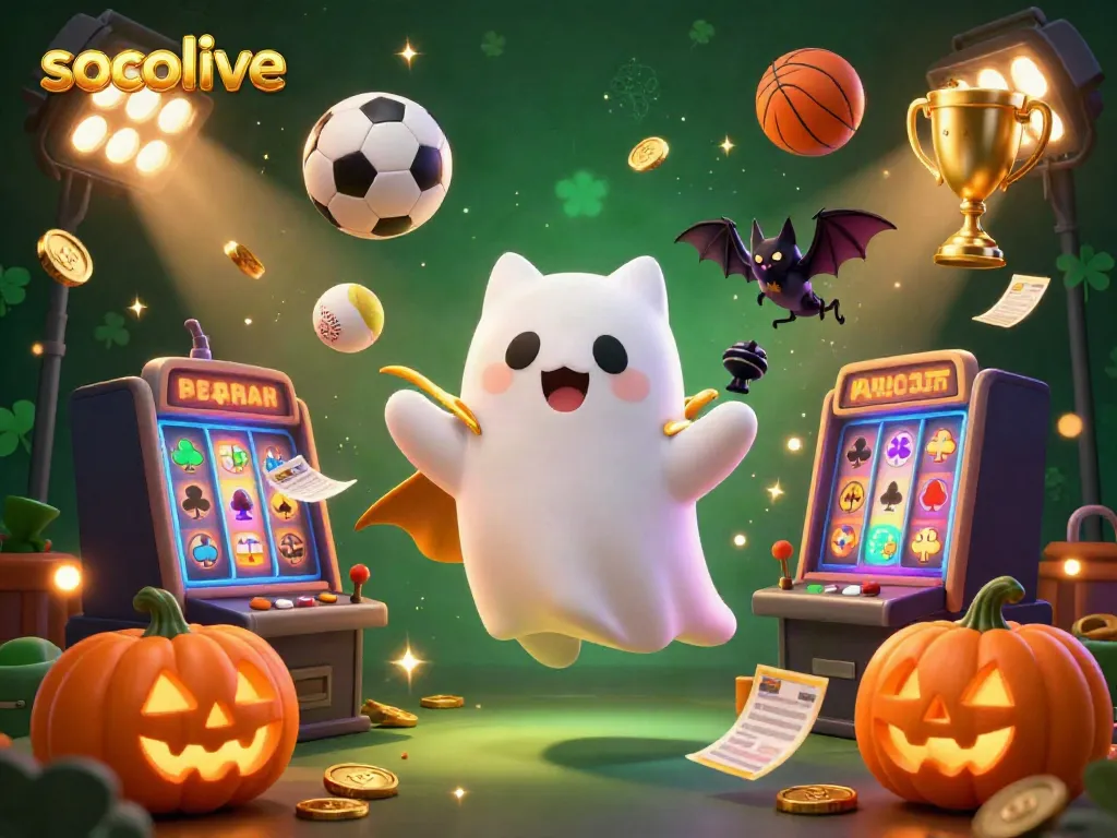 This vibrant image showcases socolive with a ghost cat and vampire bat in a haunted casino full of exciting sports elements.