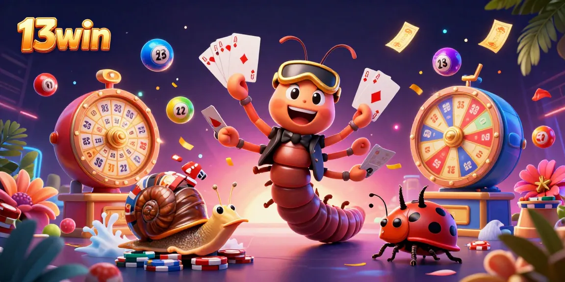 Witness the excitement of 13win with a vibrant 3D casino scene featuring a dynamic millipede dealer.