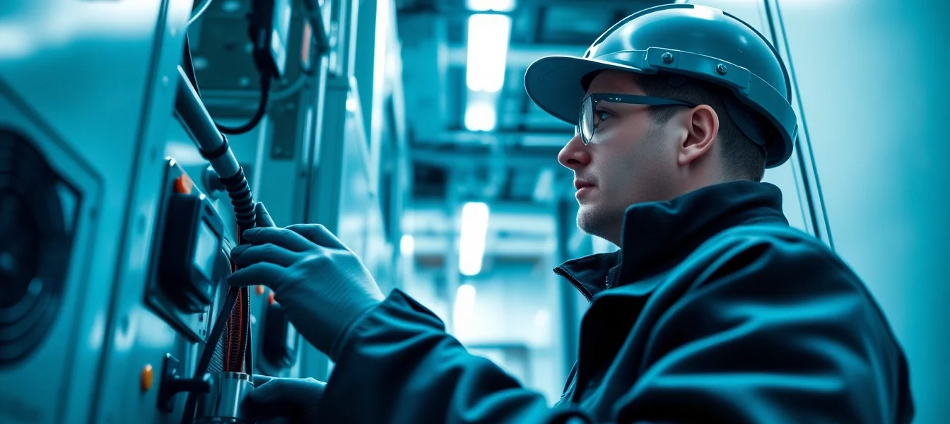 Technician conducting a DGUV V3 Prüfung on electrical equipment, ensuring workplace safety and compliance.