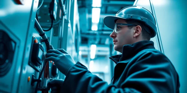 Technician conducting a DGUV V3 Prüfung on electrical equipment, ensuring workplace safety and compliance.