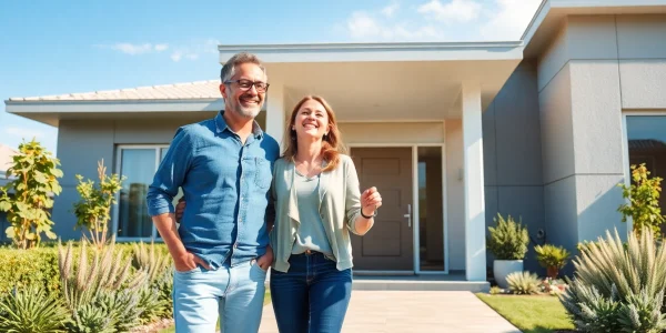 Ein glückliches Paar bei ihrem Hauskauf, vor ihrem neuen Zuhause stehend, mit einem Schlüssel in der Hand.