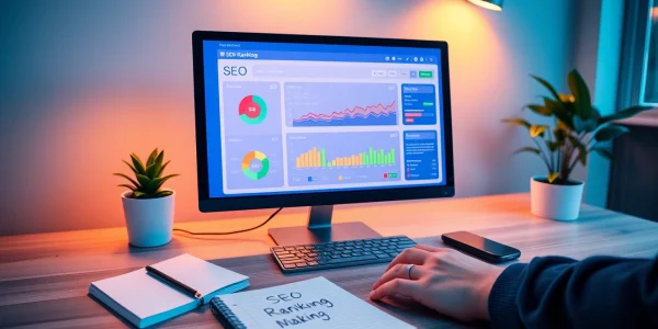 Explore essential SEO-Ranking insights displayed on a vibrant computer screen in a modern workspace.