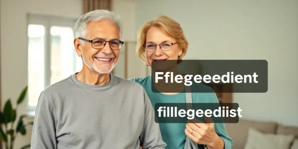 Pflegedienst unterstützt Senioren mit freundlicher Pflegekraft in hellem Wohnumfeld.