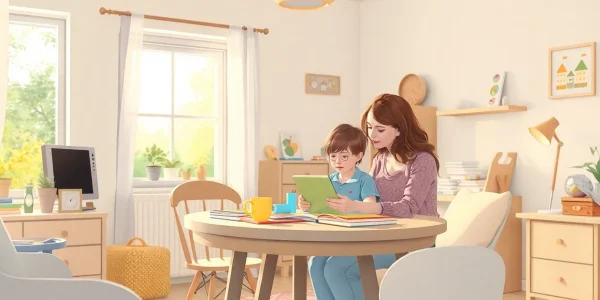 Das Bild zeigt einen entspannten Heimunterricht, bei dem ein Kind von seiner Mutter liebevoll gefördert wird.