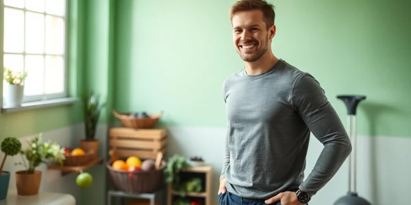 Person feiert gesunden Gewichtsverlust auf einer Waage in einer hellen Umgebung.