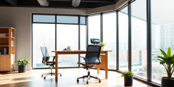 Büromöbel in einem modernen Büro mit ergonomischem Design und natürlichem Licht.