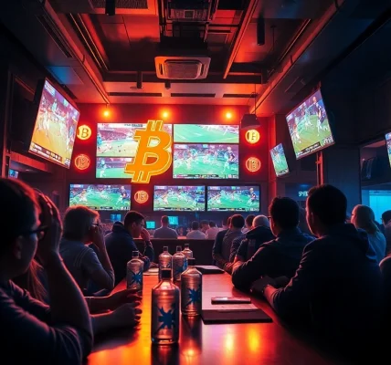 Experience the excitement of crypto sports betting in a vibrant sports bar setting.