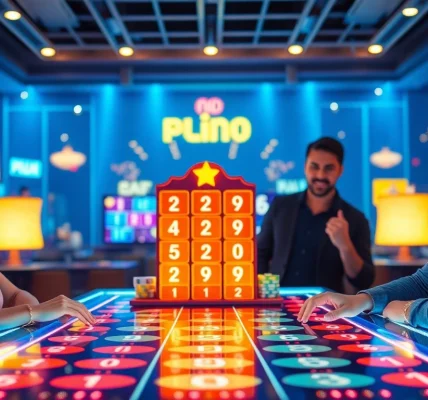 Das Plinko-Spiel präsentiert sich hier in einem lebhaften Casino-Setting, wo Spieler mit Freude und Interesse teilnehmen, was die Frage aufwirft, ob plinko seriös ist.