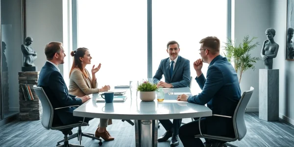 Headhunter Köln in einem modernen Büroumfeld, das einen engagierten Austausch mit Klienten zeigt.