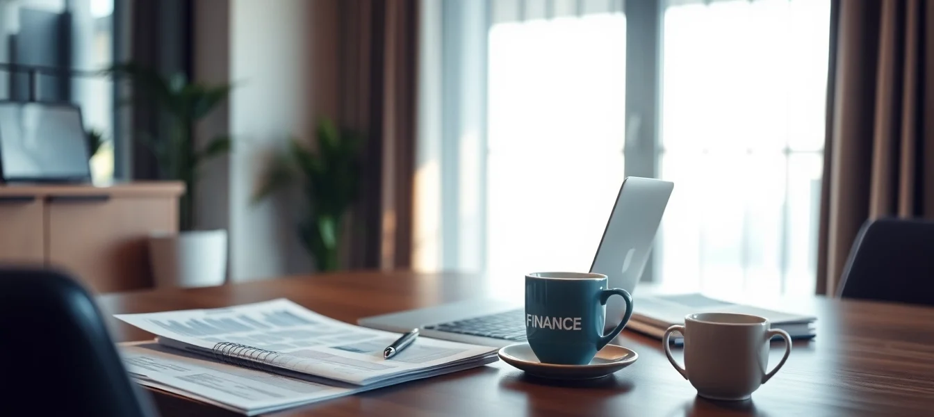 Visualisieren Sie einen Headhunter Finance bei der Arbeit an einem eleganten Schreibtisch mit Finanzberichten und Laptop.