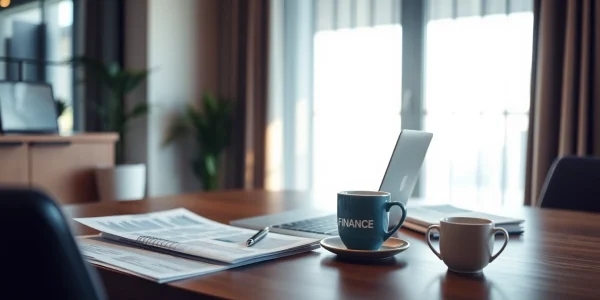 Visualisieren Sie einen Headhunter Finance bei der Arbeit an einem eleganten Schreibtisch mit Finanzberichten und Laptop.