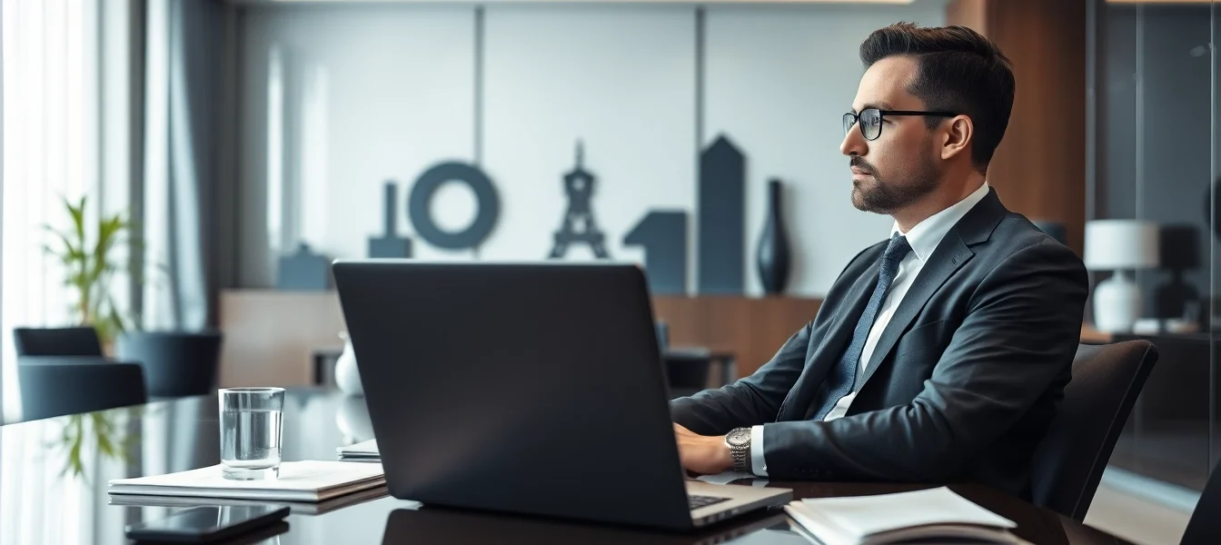 Headhunter bei der Arbeit mit Laptop und Notizen an einem eleganten Bürotisch.