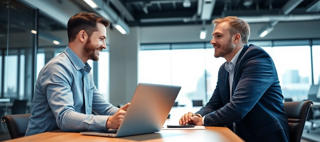 Headhunter Düsseldorf führt ein professionelles Gespräch mit einem Kandidaten in einem modernen Büro.