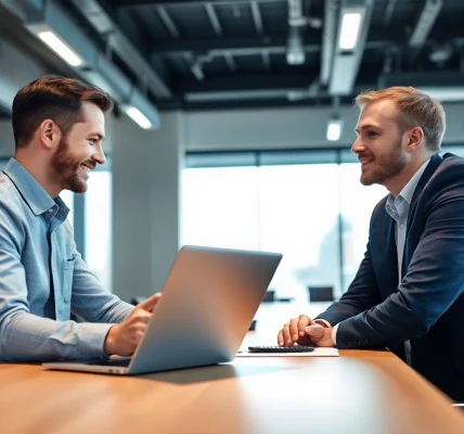 Headhunter Düsseldorf führt ein professionelles Gespräch mit einem Kandidaten in einem modernen Büro.