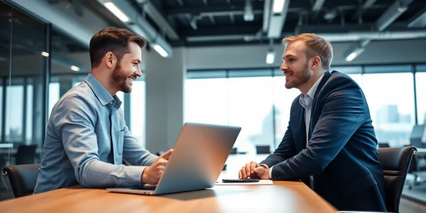 Headhunter Düsseldorf führt ein professionelles Gespräch mit einem Kandidaten in einem modernen Büro.
