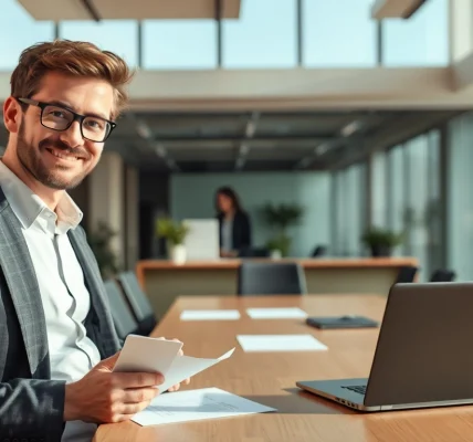 Professioneller Personalvermittlung-Experte überprüft Bewerbungsunterlagen in einem modernen Büro.