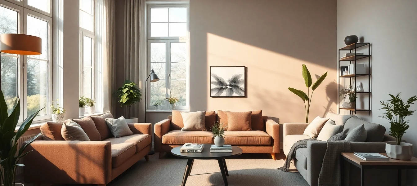Harmonische Raumgestaltung mit modernem Sofa und natürlichen Lichtakzenten.