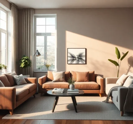 Harmonische Raumgestaltung mit modernem Sofa und natürlichen Lichtakzenten.