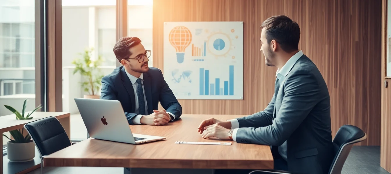 Headhunter Ingenieure in einem modernen Büro im Gespräch mit einem Kandidaten, professionell und einladend.