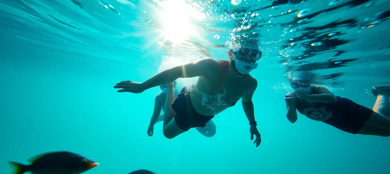 Tauchschule Playa del Carmen zeigt Taucher in klarem Wasser, umgeben von Korallen und tropischen Fischen.