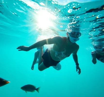 Tauchschule Playa del Carmen zeigt Taucher in klarem Wasser, umgeben von Korallen und tropischen Fischen.