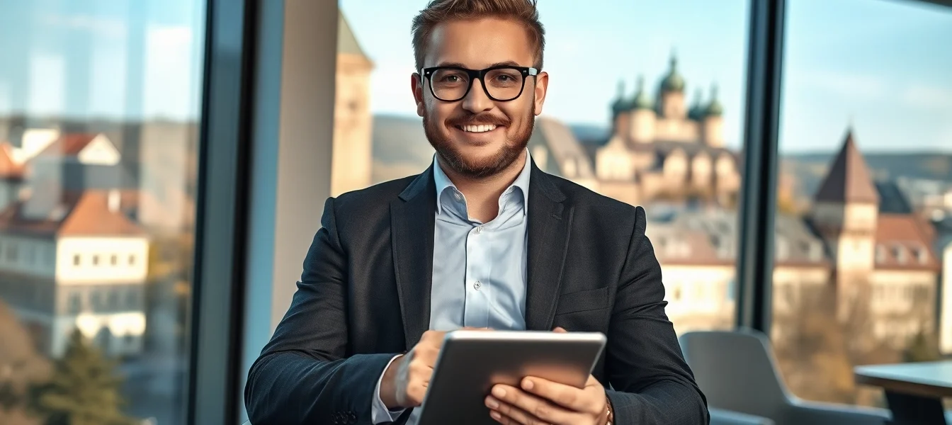 Headhunter Heidelberg: Professioneller Berater in modernem Büro mit Aussicht.
