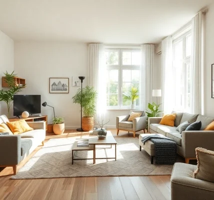Raumgestaltung in einem stilvollen Wohnraum mit hellem Tageslicht und harmonischer Farbkombination.