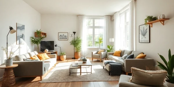 Raumgestaltung in einem stilvollen Wohnraum mit hellem Tageslicht und harmonischer Farbkombination.