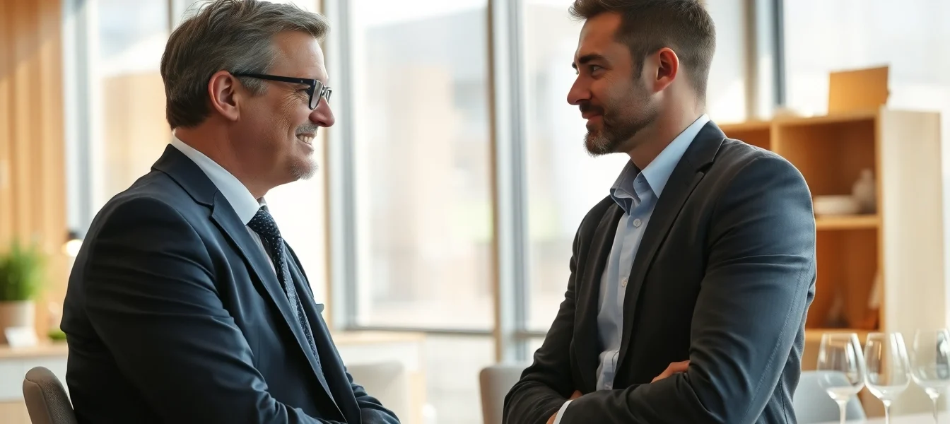 Headhunter Gastronomie führt ein Bewerbungsgespräch mit einem Kandidaten in einem modernen Büro.