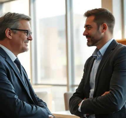 Headhunter Gastronomie führt ein Bewerbungsgespräch mit einem Kandidaten in einem modernen Büro.