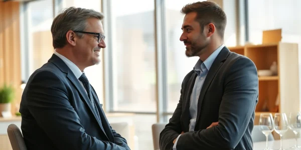 Headhunter Gastronomie führt ein Bewerbungsgespräch mit einem Kandidaten in einem modernen Büro.