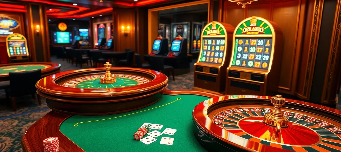 DOLA789 gaming scene displaying vibrant casino elements including poker tables, roulette, and slot machines.