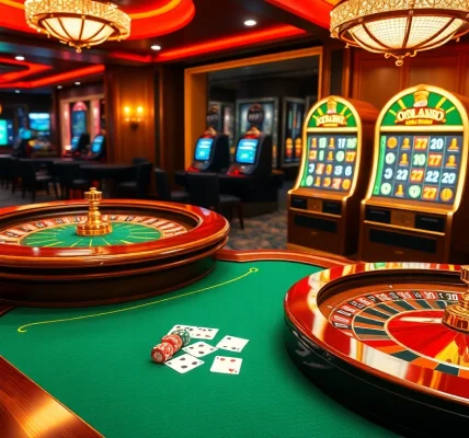 DOLA789 gaming scene displaying vibrant casino elements including poker tables, roulette, and slot machines.