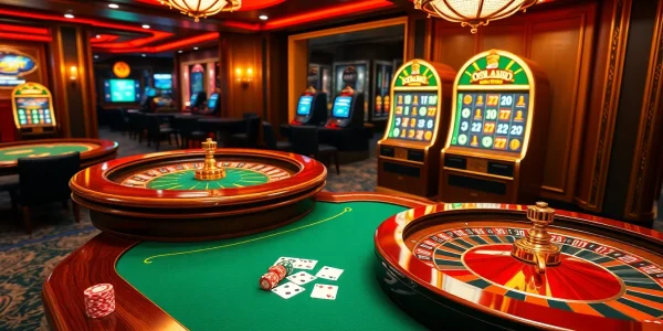 DOLA789 gaming scene displaying vibrant casino elements including poker tables, roulette, and slot machines.