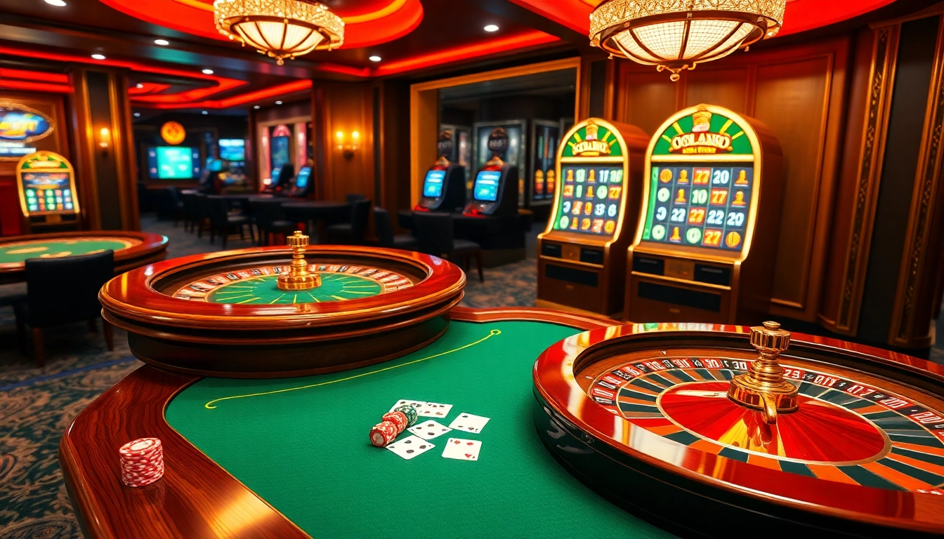 DOLA789 gaming scene displaying vibrant casino elements including poker tables, roulette, and slot machines.