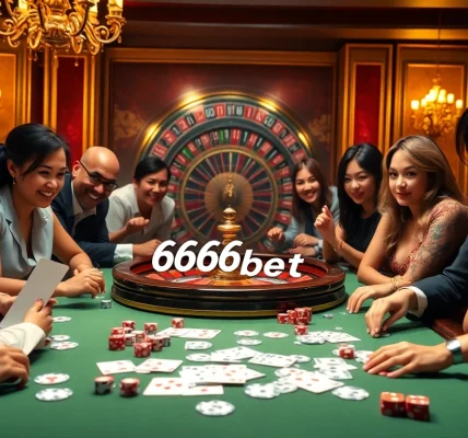 6666bet players enjoying an exciting casino atmosphere with cards and roulette wheel.