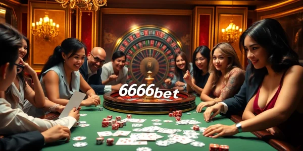 6666bet players enjoying an exciting casino atmosphere with cards and roulette wheel.