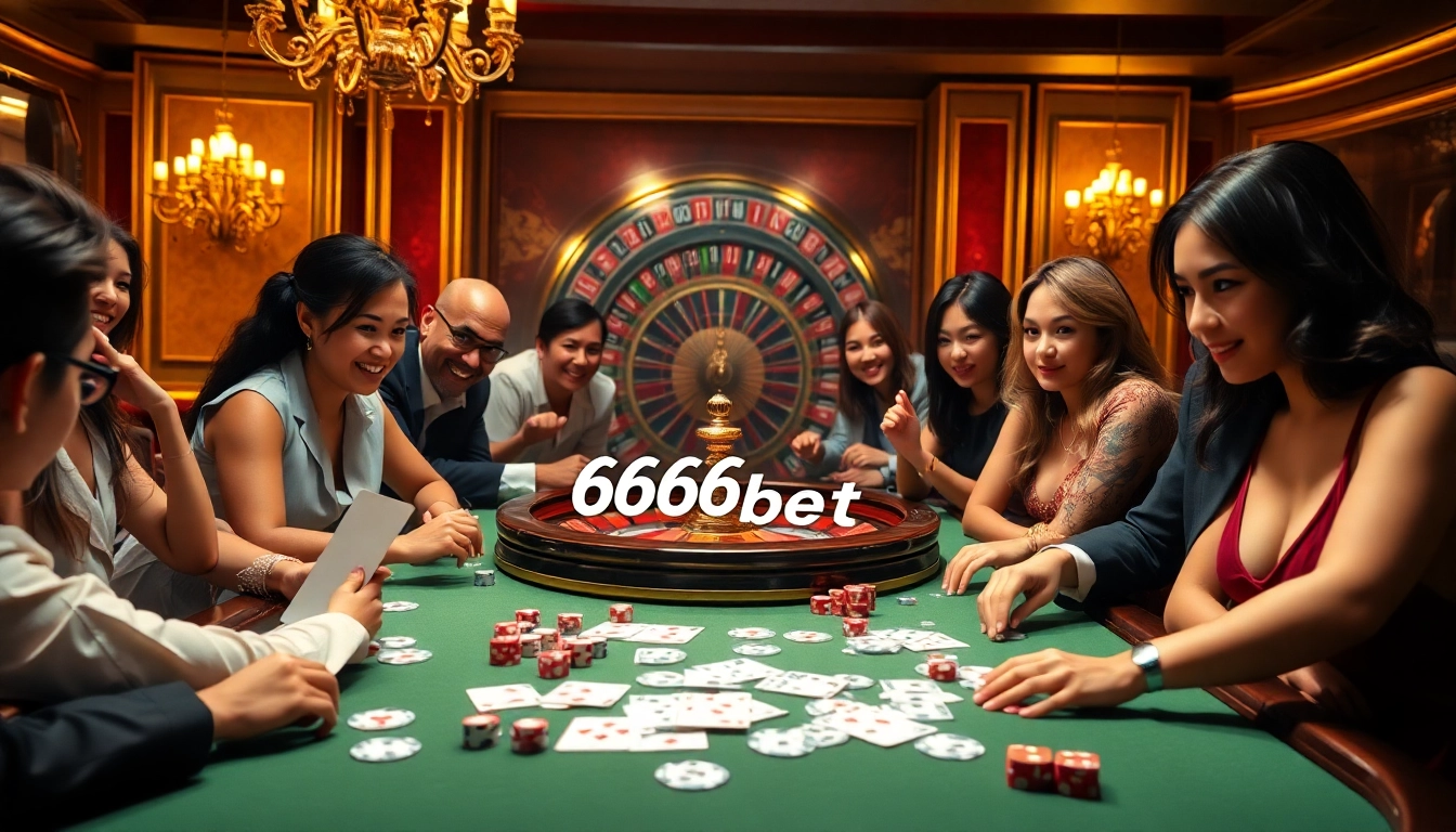 6666bet players enjoying an exciting casino atmosphere with cards and roulette wheel.