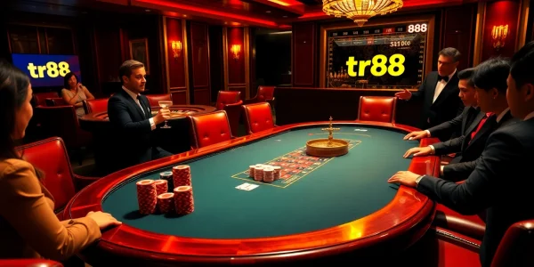 Engage with tr88 casino tables featuring poker chips and cards in a luxurious environment.
