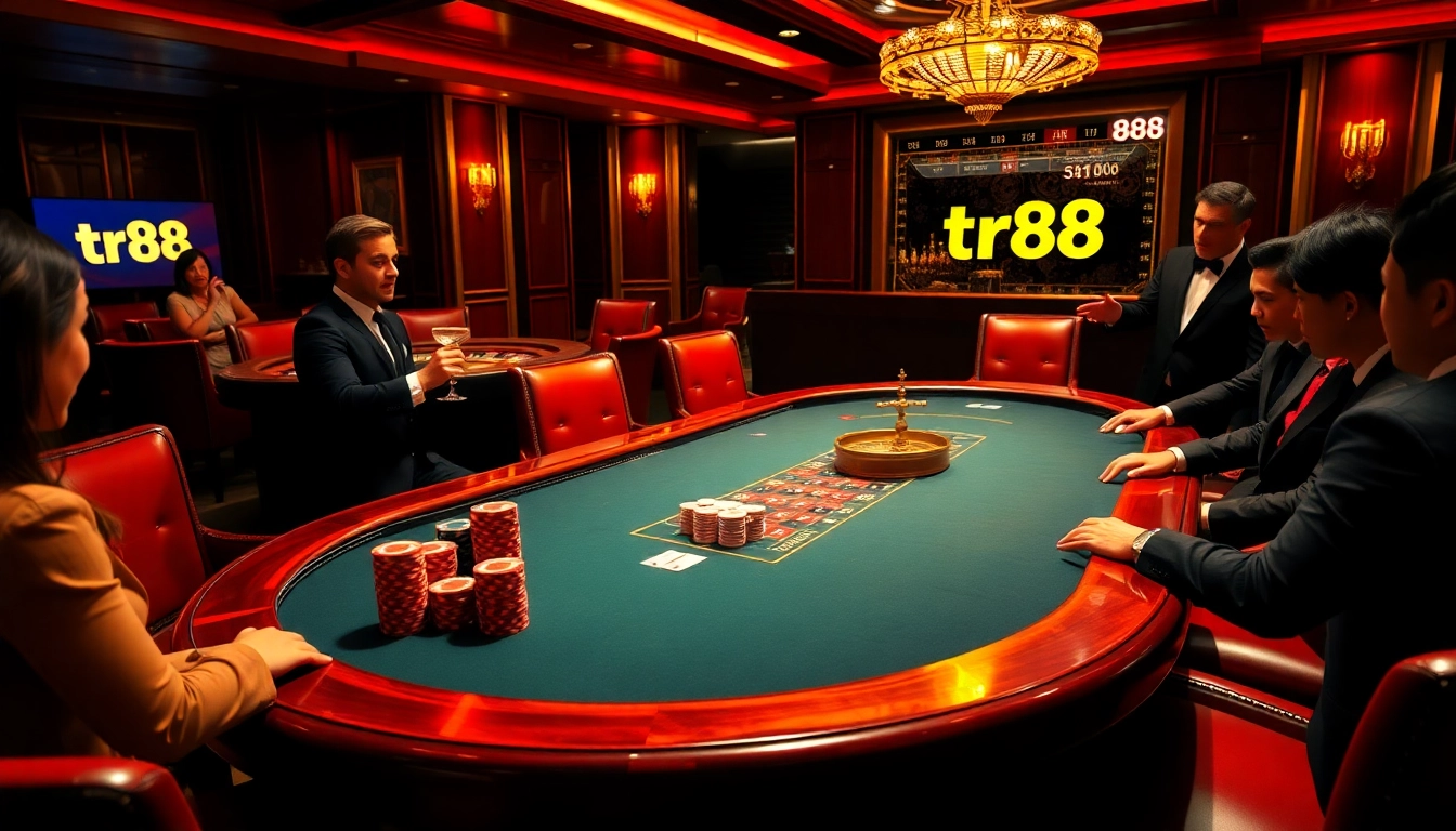 Engage with tr88 casino tables featuring poker chips and cards in a luxurious environment.