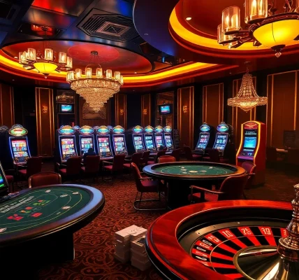 Engaging scene at https://f122.com.br/ showcasing high-stakes gambling with poker tables and vibrant slot machines.